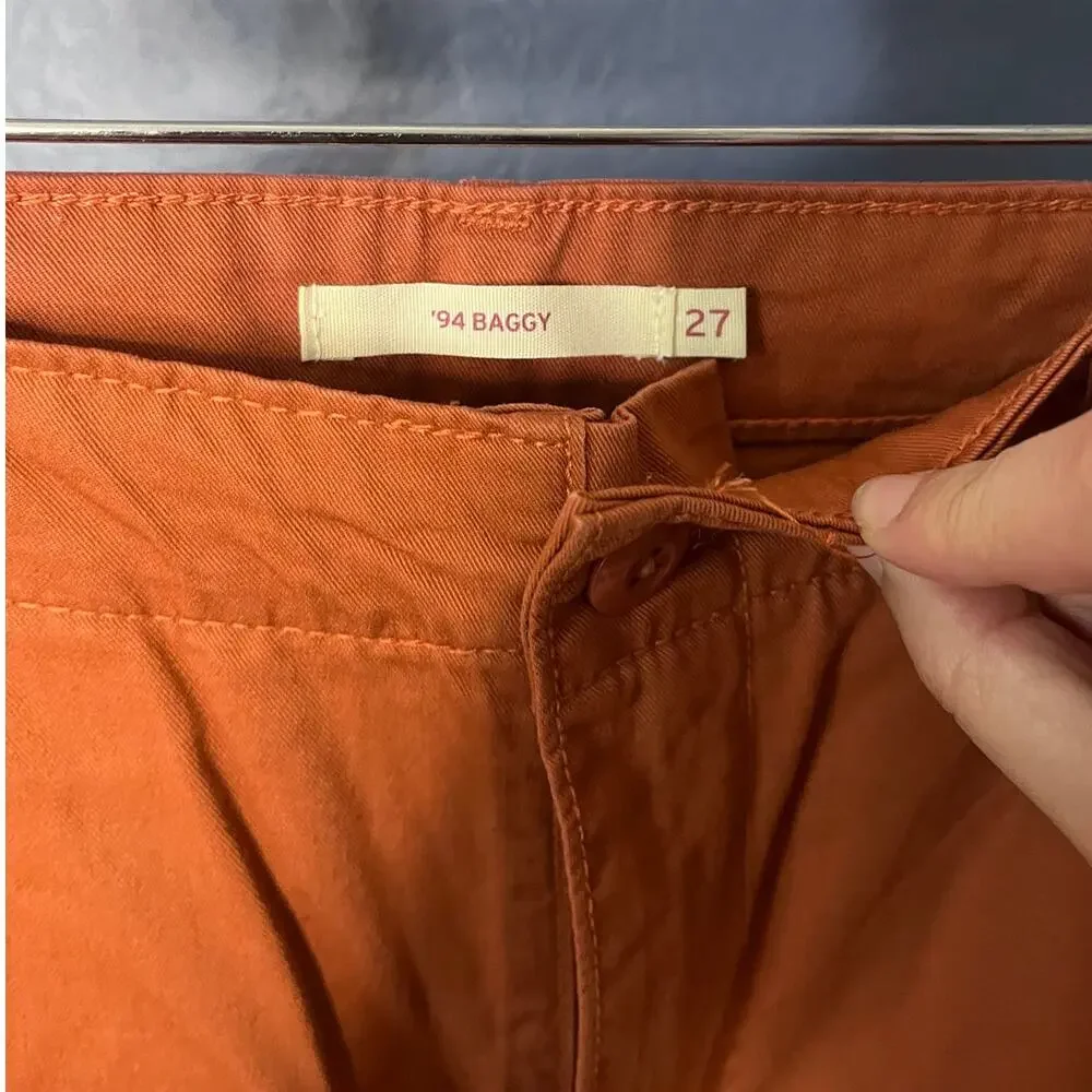 Levi’s 94 Baggy Cargo Pants Orange Wide Leg Utility Pants Tie Cuff Size 27 NWOT - Picture 6 of 8